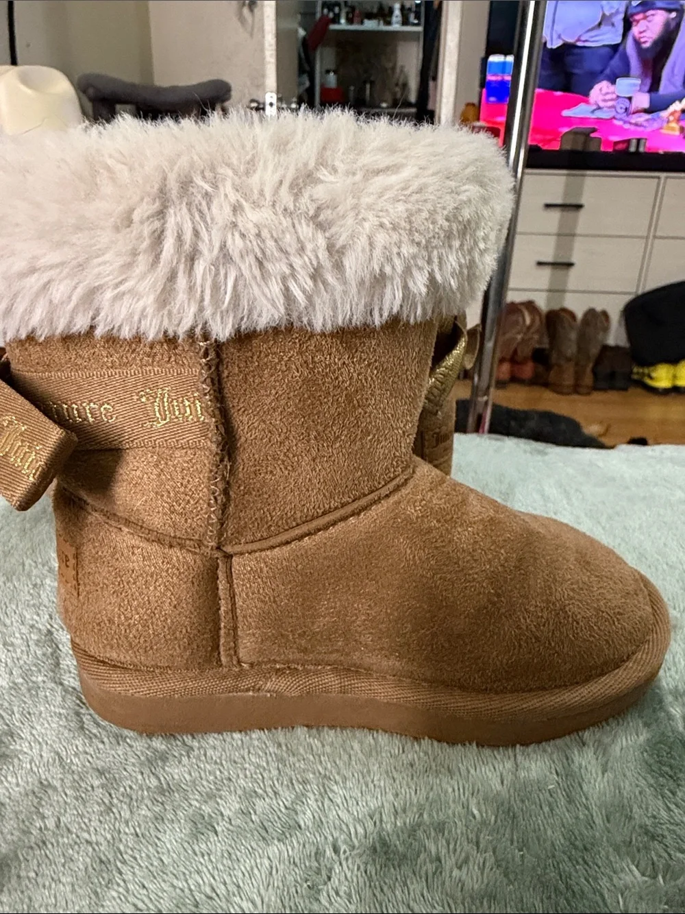 Juicy Couture Girls' Tan Boots with Cream Faux-Shearling Cuff and Branded Ribbon